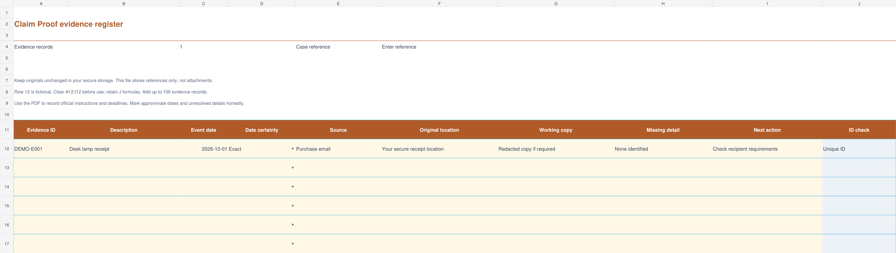 Actual Claim Proof spreadsheet preview with fictional examples
