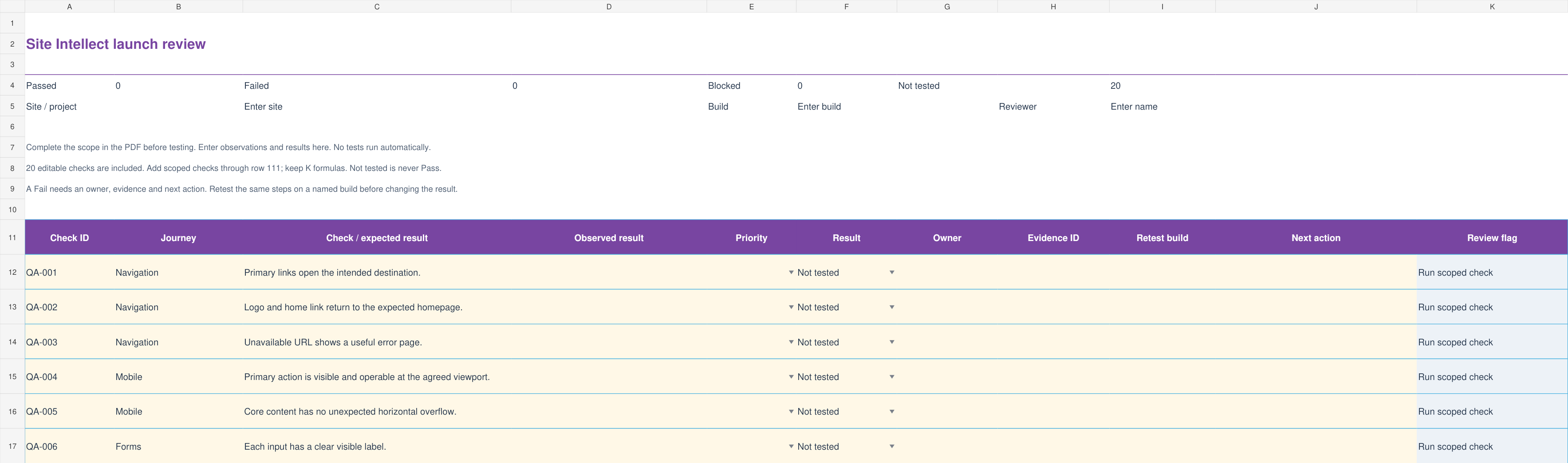 Actual Site Intellect spreadsheet preview with fictional examples