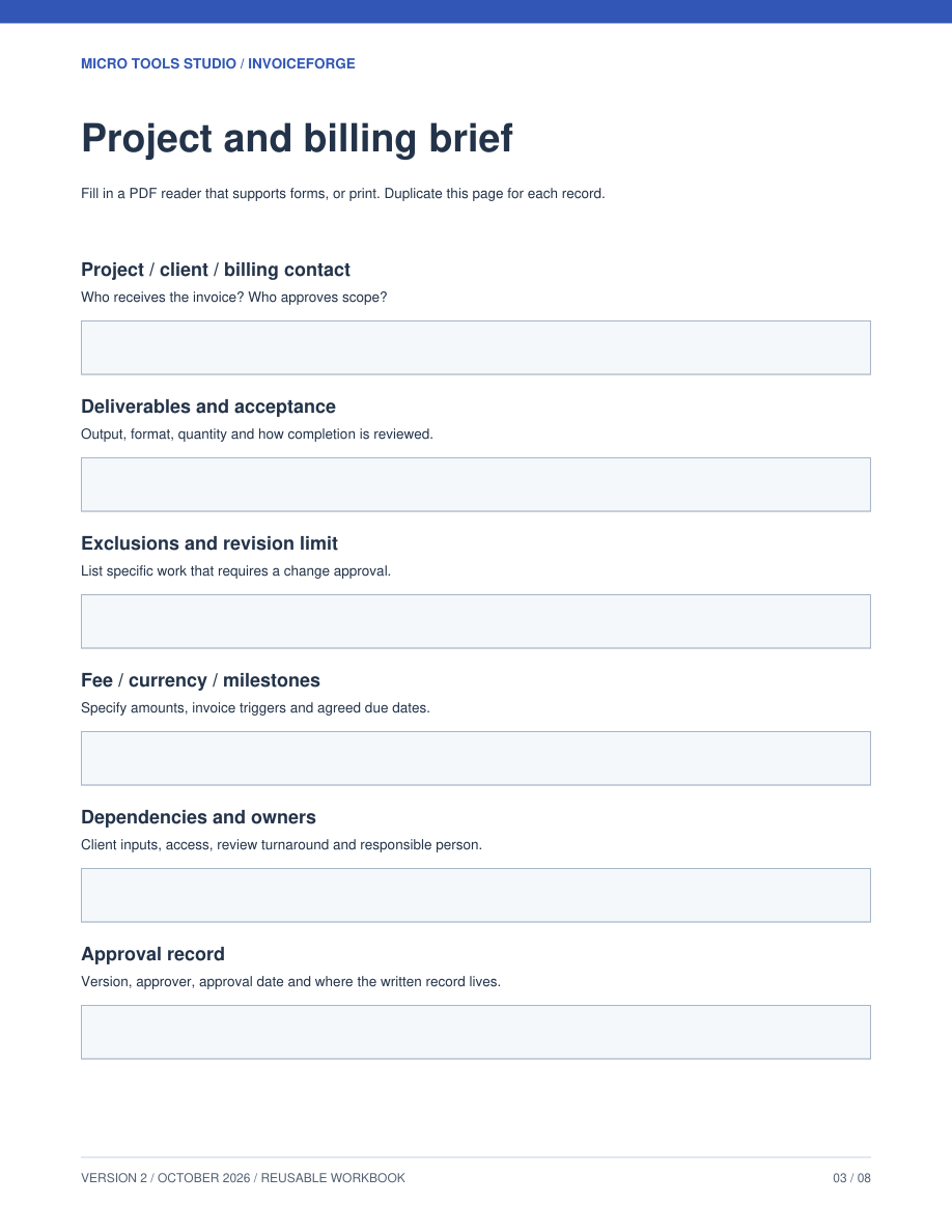 Actual fillable project and billing brief from the InvoiceForge workbook